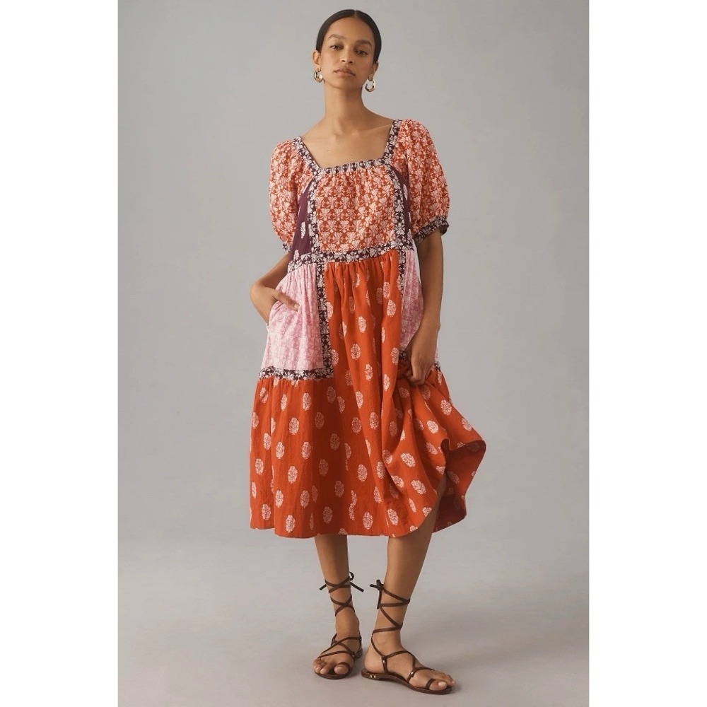 Anthropologie Maeve Short-Sleeve Square-Neck Tape-Detail Midi Dress. Sz L. NWT